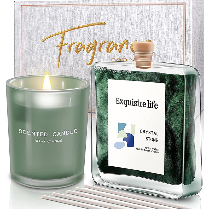 M&Scent Difusor de caña de aceite perfumado de albahaca y limón y juego de regalo de vela perfumada con varillas para el hogar