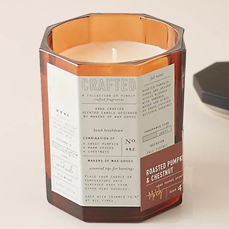 Vela de cristal artesanal otoñal con tapa de madera de lujo personalizada con mecha de algodón y recipiente de cristal con mezcla de cera de soja de M&Scent.