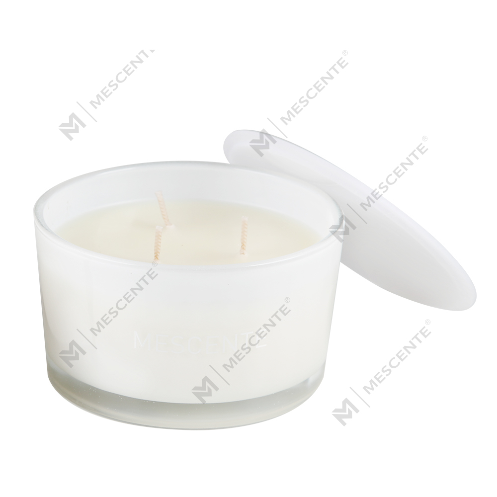 Vela perfumada con cera de soja 100 % de 3 mechas y frasco de vidrio de marca privada al por mayor de Mescente