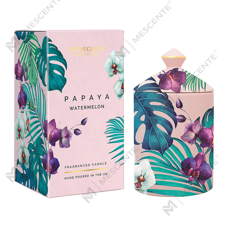 Vela de tambor botánica urbana a color con diseño especial de M&Scent y caja plegable