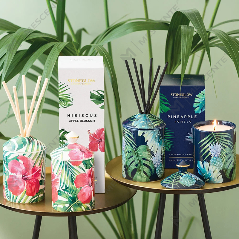 Vela de tambor botánica urbana a color con diseño especial de M&Scent y caja plegable